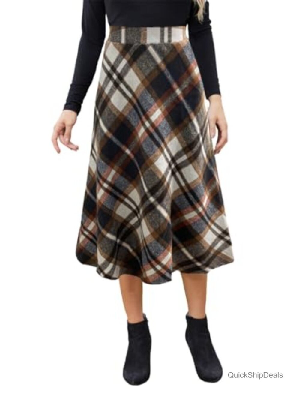 Women's Midi Plaid Skirt High Waist A-Line Flowy Winter Warm Long Skirt with